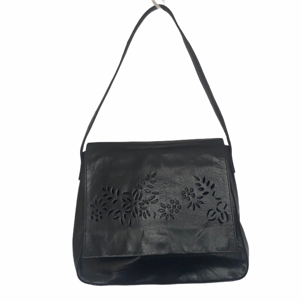 Banana Republic Floral Laser Cut Black Leather Flap Shoulder Bag
